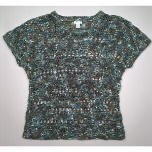 CHICO'S Crochet Top Green Brown White Short Sleeve Open Weave Size 2 (US 12)